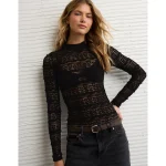 AE Long Sleeve Mock Neck Lace Bodysuit - True Black