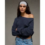 AE Big Hug Off-The-Shoulder Waffle Sweatshirt - Rich Navy