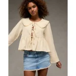 AE Long Sleeve Tie-Front Blouse - Cream