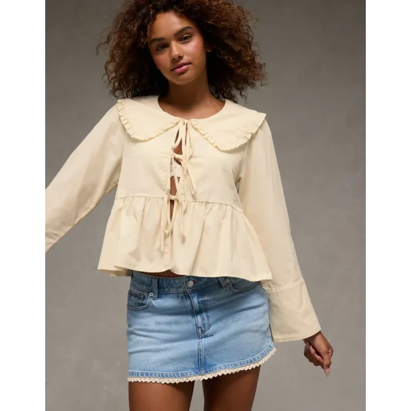 AE Long Sleeve Tie-Front Blouse - Cream