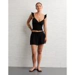 AE Sunchaser Knit Wrap Front Smocked Tank Top - True Black