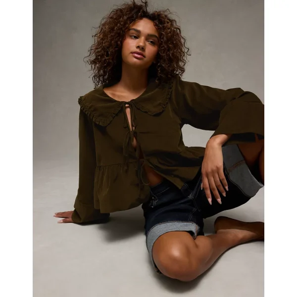 AE Long Sleeve Tie-Front Blouse - Olive