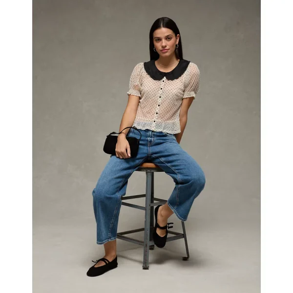 AE Short Sleeve Sheer Blouse - Cream