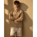 AE77 Premium Relaxed Striped Poplin Button-Up Shirt - Brown