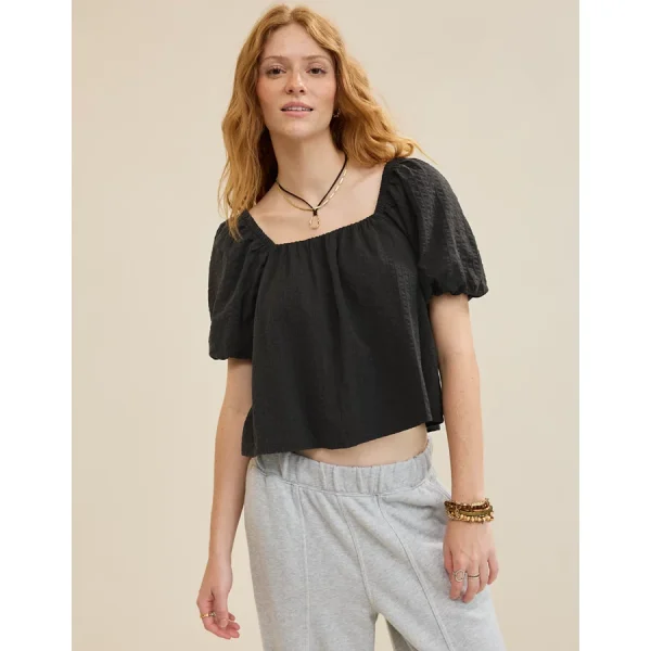 Aerie Seersucker Puff Sleeve Top - Smoked Gray
