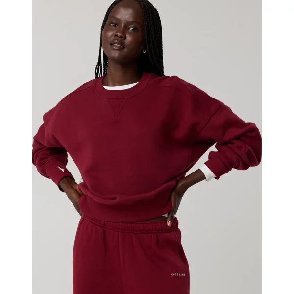 OFFLINE By Aerie Cloud Fleece Classic Crewneck Sweatshirt - Deep Cherry