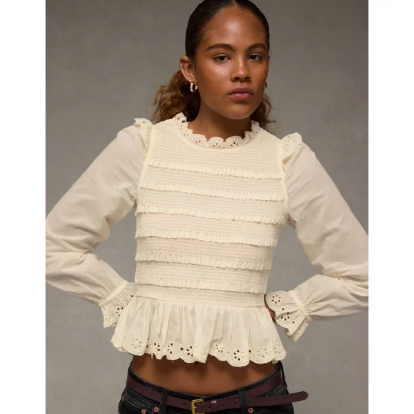 AE Long Sleeve Smocked Babydoll Blouse - Cream