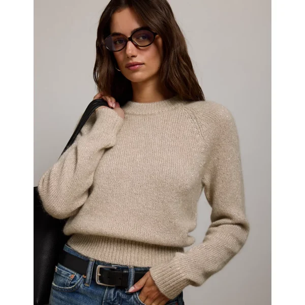 AE77 Sparkle Shrunken Crew Neck Sweater - Light Brown
