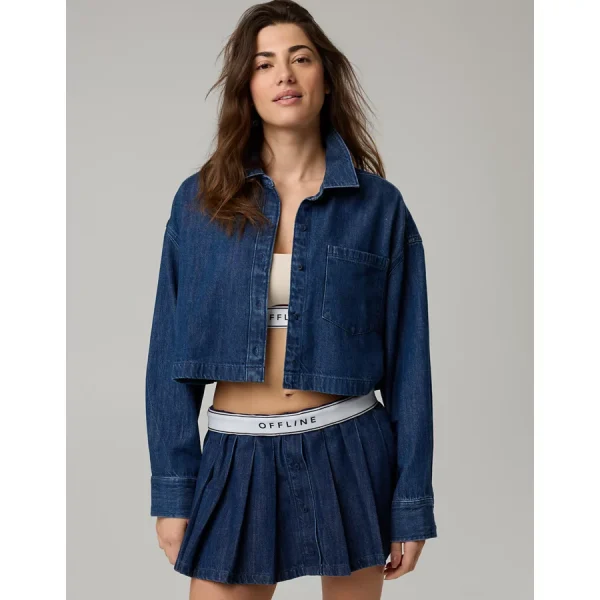 OFFLINE By Aerie Cropped Button Up Shirt - Rocky Blue