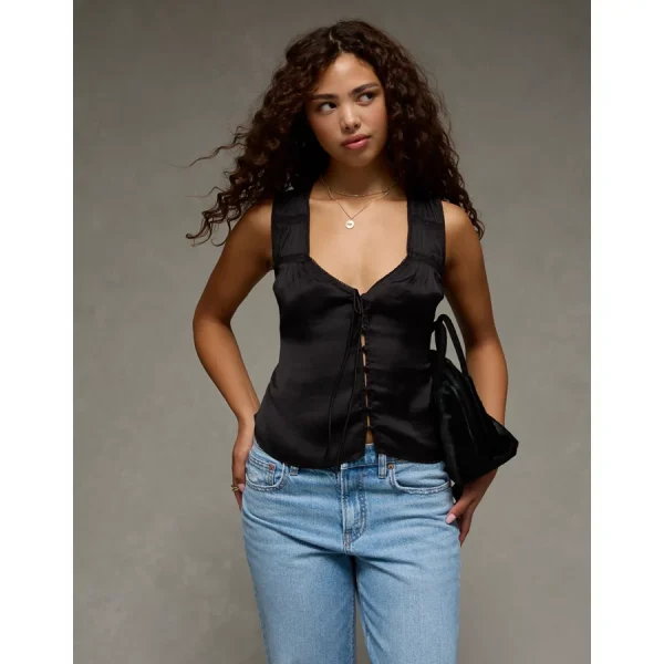 AE Lace Button-Front Tank Top - Black