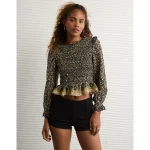 AE Long Sleeve Smocked Babydoll Blouse - Multi