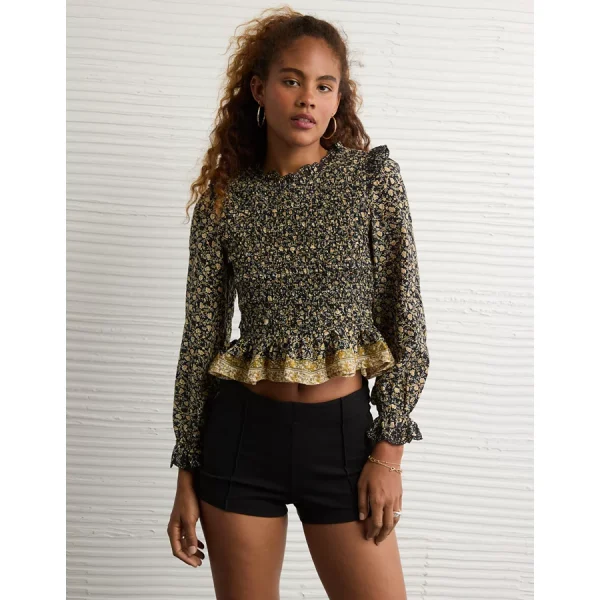 AE Long Sleeve Smocked Babydoll Blouse - Multi