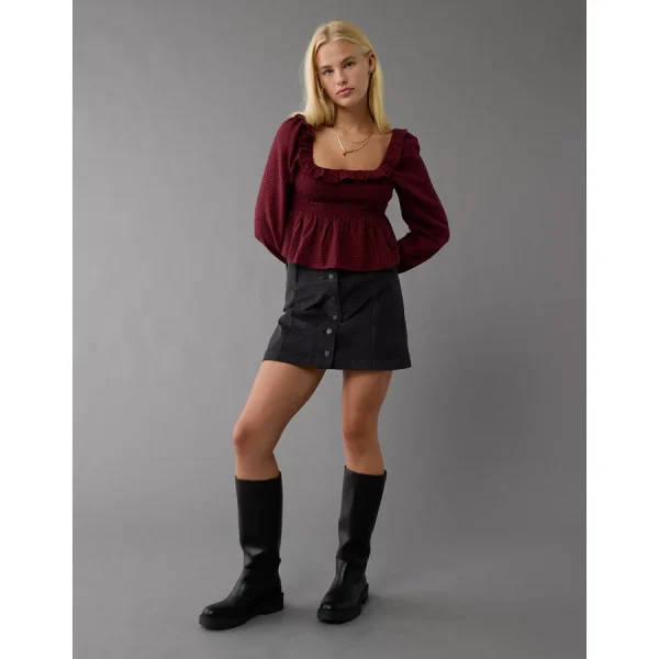 AE Long-Sleeve Smocked Ruffle Plaid Top - Red