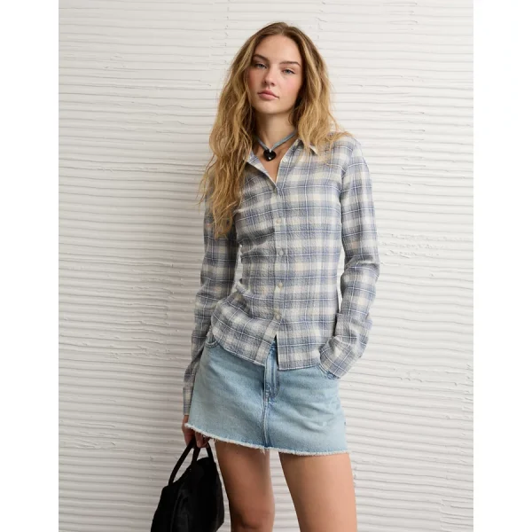 AE Plaid Fitted Button-Up Shirt - Blue