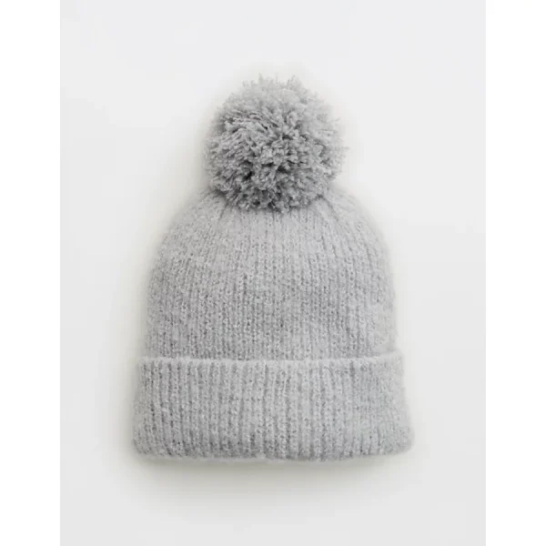 Aerie Fuzzy Pom Beanie - Medium Heather Gray