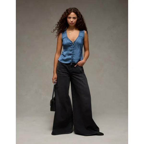 AE Lace Button-Front Tank Top - Navy