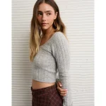 AE Whoa So Soft Cropped Scoop Neck Sweater - Medium Heather Gray