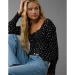 AE Long-Sleeve Smocked Tie Front Blouse - Black