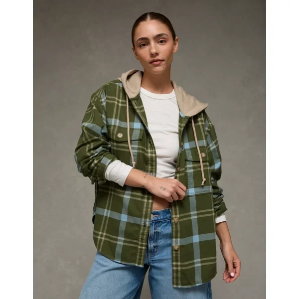 AE Plaid Hooded Button-Up Shirt - Green