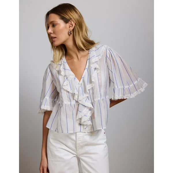 AE77 Premium Ruffle V-Neck Blouse - White