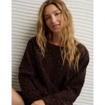 AE Big Hug Off-The-Shoulder Waffle Sweatshirt - Dark Brown