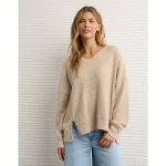 AE Big Hug V-Neck Waffle Sweatshirt - Oatmeal Heather