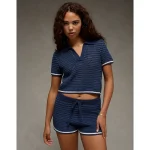 AE Cropped Crochet Sweater Polo Shirt - Midnight