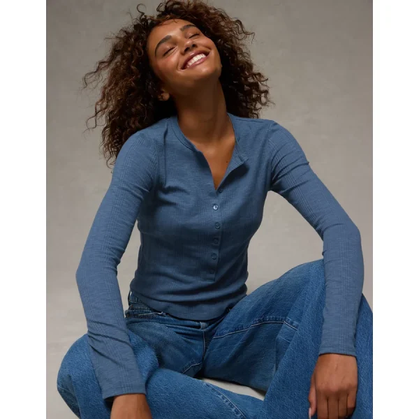 AE Long Sleeve Henley T-Shirt - Navy