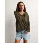 AE Long Sleeve Plush V-Neck Top - Olive