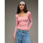 AE Long Sleeve Square Neck T-Shirt - Pink Note