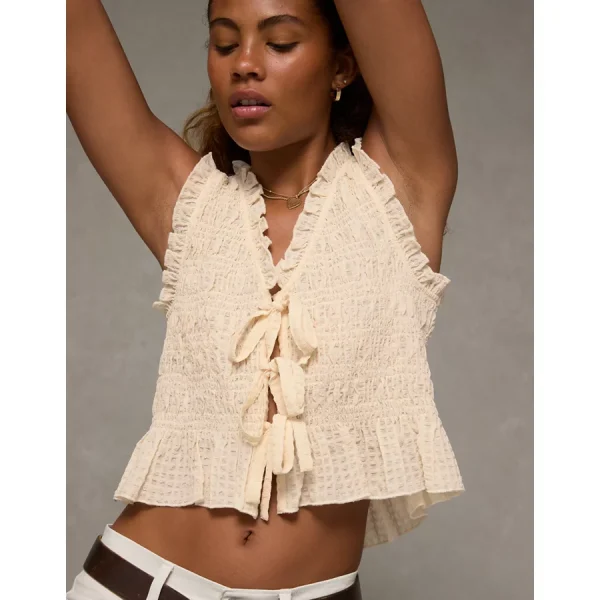 AE Tie-Front Smocked Tank Top - Cream