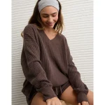 AE Big Hug V-Neck Waffle Sweatshirt - Chocolate