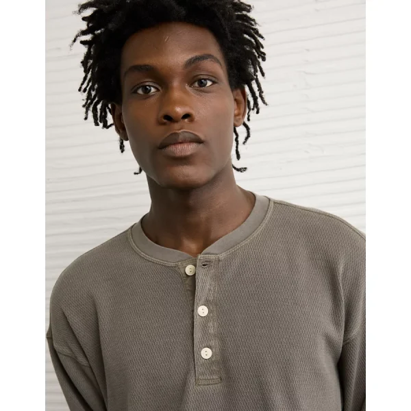 AE Boxy Washed Thermal Henley Shirt - Olive