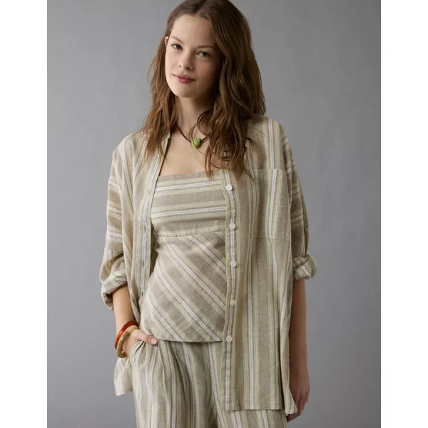 AE Go Big Linen-Blend Oversized Striped Shirt - Olive
