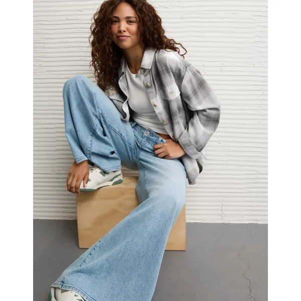 AE Plaid Button-Up Shirt - Gray