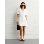 AE Puff Sleeve Denim Mini Shift Dress - White Washed