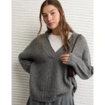 AE Whoa So Soft Oversized V-Neck Sweater - Charcoal Heather Gray