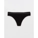 Superchill Cotton Rib Lace Thong Underwear - True Black