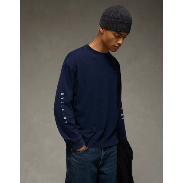 AE Boxy Long Sleeve Destination Graphic T-Shirt - Navy