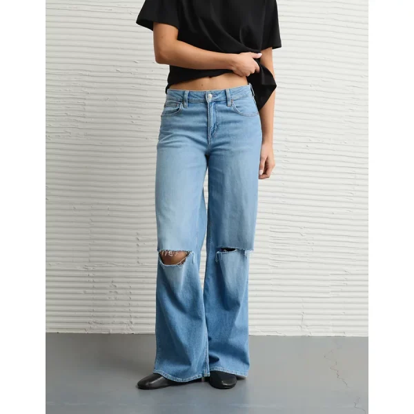 AE Dreamy Drape Stretch Ripped Low-Rise Baggy Wide-Leg Jean - Indigo Skylight Destroy